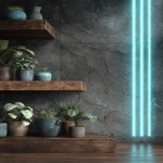 **ultra realistic background design with dark brown wood and stone materials like it's modern flat house room wall with flat surfaces and shelf edges. There are some house plants. There are turquoise gorizontal and vertical neon stripe lines on the photo providing soft lighting. 4k quality --ar 3:4 --v 7.0** - Image #4 <@666660616144027648>