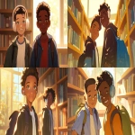**a medium shot of two realistic illustrated happy 8-year-old students from America, they have a well-defined noses and well-defined jawlines, the first student is an African American male with light brown eyes and very short black hair, the second student is a dark African American male with light brown eyes and curly black hair, they stand with their head and neck and shoulders completely square to the camera and facing forward, their entire body is facing forward, they wear backpacks, they have large headphones on their head, they stand in a library, it is daytime, the sun is shining bright, high-definition, anime-style, --ar 16:9 --niji 6** - <@1065025086664474674> (relaxed)