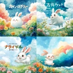 **A colorful and bright fairytale-style illustration, a large cute white rabbit smiling and hopping in the center, background with blue sky and fluffy clouds, green meadow with blooming flowers at the bottom, soft watercolor texture, gentle line art, cheerful and warm, in the style of a Japanese children's picture book cover, square format, suitable for a music album jacket** - <@1212945075831836692> (relaxed)