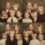 **photo circa early 2000s, family portrait, dad and mom are late 40s, two blonde girls are early teens, sad blonde boy is 10, the boy has a black eye** - Variations (Strong) by <@1014234226171858944> (fast)