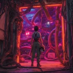 **cyberpunk mechanical snake den with writhing hissing chrome snakes, neon purple and orange theme. cyberpunk woman standing in foreground with back to camera, holding a pilot helme** - Image #4 <@820024234734518302>