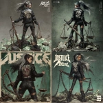 **Dark gothic vampire girl personifying "Justice", styled after Metallica’s …And Justice for All album cover, standing with her back to the viewer but turning her head over her shoulder to look at the camera, sarcastic smirk, pale skin, long black hair with silver streaks flowing in the wind, wearing ripped black jeans and a black leather jacket with "Justice for Meal" parody logo on the back, holding a large gothic sword in one hand and a cracked balance scale in the other, standing on a crumbling stone pedestal surrounded by broken chains and scattered dollar bills, greenish cracked stone background, gritty heavy metal poster aesthetic, high detail, cinematic, 1980s thrash metal cover vibe, bold shadows,** - <@696891766850322503> (fast)
