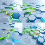 **Hexagonal or triangular geometric tiles cover the entire screen. A thin "electrified path" runs through the tiles, starting from the left in vivid green (RGB: 178/210/52) and from the right in deep blue (RGB: 0/77/116). These paths converge at a central white-to-gold circular node, simultaneously brightening to exceed a threshold. Abstract, clean, clinical. No text, no logo. Tiles feature subtle height variations and smooth reflections for an elegant look; path intersections increase in brightness. Background ranges from light blue to white. Volume light is extremely faint, particles are sparsely scattered. High resolution, minimal noise.** - Variations (Strong) by <@1143439331013431326> (fast)