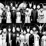 **A vintage anime-style full-body black-and-white illustration. A group of creepy abstract non-human creatures posing for a group photo, concept art, futuristic. --v 7.0** - Variations (Strong) by <@852041915598635039> (fast)