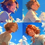 **A close-up portrait of Yosuke Hanamura from Persona 4, in a bright and cheerful summer atmosphere. He is smiling softly under a warm sky filled with blue and white clouds. The lighting is golden and radiant, casting soft highlights on his face and hair. The background evokes a breezy summer day, enhancing the lighthearted and youthful vibe. Rendered in the style of Rella soft, clean lines, expressive features, and beautiful, luminous shading. Use warm tones throughout the composition, with a gentle glow and elegant color transitions. Focus on his gentle eyes and light brown hair moving slightly in the wind. --niji 6** - <@762679659153850410> (relaxed, stealth)