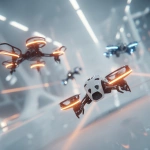 **A futuristic, high-detail scene of multiple unique robot drones racing and flying in the air through a white, high-tech indoor drone racing arena. The drones have distinct designs, one is black and white, another is solid black, and the third is metallic silver. the robots have different design, not all the same as each other, please make the robot different design. All are glowing with vibrant orange and blue light lines, creating a dramatic glow-in-the-dark effect. the robot drones are flying in the air. The background is a clean, minimalist white room with futuristic lighting and a dynamic sense of motion. cinematic lighting, 8k** - Image #1 <@1237654084786327583>
