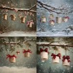 **oil painting, vintage style, toilet paper rolls hanging from branches with christmas bows, and snow falling in the background. --ar 67:89** - <@755829658108297216> (fast)