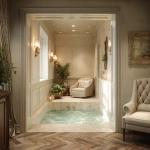 **A luxurious yet cozy master bathroom suite that flows into an intimate plunge-pool master bath. Keep the bathroom refined and serene with soft cream and ivory tones, tufted upholstered furniture, classic wall paneling, warm ambient lighting, and herringbone wood floors. Through a wide opening, reveal a small residential plunge pool inspired by the reference photos: warm travertine or limestone surfaces, tumbled stone textures, and a compact, inset pool with soft bubbling water. Include a subtle waterfall feature from the ceiling or a wall spout, illuminated by gentle recessed lighting. Add understated greenery such as potted herbs or small plants for a calm, spa-like touch. Keep the scale residential and intimate, blending the bedroom’s elegant quiet-luxury vibe with the warm, earthy Tuscan tones of the plunge-pool area. Ultra-realistic, 8k interior photography, soft and inviting atmosphere.** - Image #1 <@1098040737595138178>