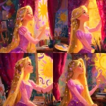 **<https://s.mj.run/XXLD6CnEfo0> Fan art of Princess Rapunzel from Disney, inspired by the style of @chiara_drawings, inside her tower, Rapunzel in profile gently touching the golden sun symbol from the kingdom of Corona, clearly painted on the wall just like the official emblem (yellow sun with purple ornamental swirls), no floating lanterns, soft warm light from the window, her classic pink and purple dress, very long golden hair with delicate flowers, dreamy artistic atmosphere, red velvet curtains framing the scene, rustic interior with brushes, paint, and books, pastel tones, clean elegant lines, high-quality artistic finish --v 7.0 --ar 1:1 --p 6f6xtw4 --raw** - Variations (Strong) by <@1338496041460174871> (relaxed)
-# Create, explore, and organize on [midjourney.com](<https://midjourney.com/imagine?from_discord=1>)