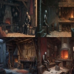 **a suit of platemail armor in the corner of a blacksmith shop with a forge and ore and swords hanging on the wall, D&D art --ar 5:3** - <@632328592499539989> (fast)