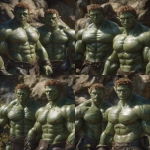 **Realistic 3d rendering. Full body portrait of two characters. ruggedly handsome, Hyper muscular handsome twin green skinned orcs, bright silver eyes, short curly redred hair, short pointed ears, defined muscles, pronounced features, hyper muscular, wide Grecian nose, strong square jaw, defined cheek bones, masculine features, freckles. Bodybuilder. wearing a tight short leather skirt. His oiled skin glistens under intense studio lighting. A strong camera flash highlights the shine on his muscles, creating bright reflections on his body, arms, and thighs. Retro fitness photography style, slightly exaggerated lighting contrast, 90s magazine aesthetic, center-framed, studio portrait shot. Standing and posing in a sunny rocky field. --ar 5:6** - Variations (Strong) by <@1222981214734913607> (relaxed)