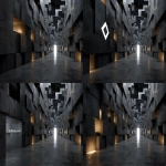**Futuristic walls made of layered cubes, symmetrical perspective, tall walls covered with floating and embedded blocks of varying sizes, metallic textures, cyberpunk vibe, dark unlit end of corridor, no lights in the distance, volumetric lighting, dark sci-fi atmosphere, ultra detailed, --s 250 --v 7.0 --ar 3:2** - Pan Left by <@1057577968781762630> (turbo)
-# Create, explore, and organize on [midjourney.com](<https://midjourney.com/imagine?from_discord=1>)