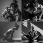 **black and white shadow photography of athletic south asian man with man bun doing complicated yoga poses with focus and discipline, editorial and aspirational** - <@1137240197814288404> (relaxed)