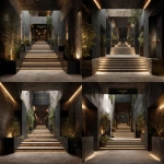**Architectural rendering of a spectacular outdoor staircase leading to the "ALQUIMIA Café & Bar," a clandestine-style entrance with a mysterious and elegant atmosphere, a narrow hallway with stairs, warm lighting, brass and matte black details, decorated walls, no roof, open sky with soft ambient light, a discreet gold sign at the top, plants and artistic lighting accents on the sides, cinematic composition, artistic and intriguing design that feels secretive yet rigid, ultra-realistic rendering.** - Variations (Strong) by <@1175115063670087744> (fast)
-# Create, explore, and organize on [midjourney.com](<https://midjourney.com/imagine?from_discord=1>)