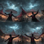 **<https://s.mj.run/prtaYJlQqPI> match this picture and add a carnival ring master wearing a red vest and black suit with no face under his black top hat is welcoming you with his right arm to the creepy weird Lovecraftian carnival filling the background, as a front page art piece painting, --ar 8:11 --v 7.0** - Variations (Strong) by <@1035886146422583346> (fast)