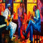 **people playing bossa nova, in a jazz club in Harlem renaissance, seated on a mahogany stool, at sunset, in abstract art by leonid afremov, alcohol ink and gouache style, stained glass --ar 16:9 --v 7.0** - Image #4 <@1054482006731395092>