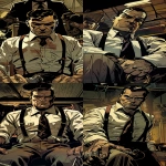 **realistic graphic novel illustration, prohibition era, front-facing cinematic shot, Al Capone wearing a white shirt with suspenders, sleeves rolled up, calm menacing posture, composed expression, standing in front of a man tied to a chair, holding electrified clamps, electricity subtly suggested, interrogation scene, violence implied not shown, industrial backroom setting, dirty walls, film noir lighting, harsh frontal light, strong shadows, oppressive atmosphere, warm dark color palette, tobacco browns, dirty whites, deep blacks, adult realistic archer-inspired graphic novel style, tragic, cold, unsettling tone, grainy film texture, cinematic stillness, --ar 9:16 --v 6.0 --sref <https://s.mj.run/Zdn2IhGsQkM> --raw** - <@722459746162049074> (fast)