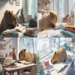 **A photorealistic capybara at home, sitting by a modern study desk, with a neat school backpack placed open on the desk. The capybara has dozed off beside open textbooks, its head resting gently on the pages as if it fell asleep while packing for school. Around the desk are scattered notebooks, colorful pens, and a tidy lunchbox, showing a realistic morning school preparation scene. Sunlight streams in through a large modern window, illuminating the capybara’s fur with soft natural light. The room is bright, airy, and modern, with clean lines and cozy details, capturing a fresh back-to-school morning atmosphere. Canon EOS R5, 50mm f/1.2 --ar 16:9** - <@846561249830371378> (relaxed)
-# Create, explore, and organize on [midjourney.com](<https://midjourney.com/imagine?from_discord=1>)