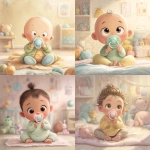 **A cute and touching illustration of a sweet baby sitting on a soft blanket, holding an extra-large pacifier that looks humorously large compared to the baby. The baby has big, shiny eyes, chubby cheeks, and a happy expression. Soft pastel colors, warm lighting, and a cozy background for a children's room with toys. Digital illustration style, high detail, smooth textures, charming and playful atmosphere. Illustration drawing style** - <@1072445144403558441> (fast)