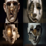 **A marionette with a porcelain face cracking open to reveal an infinite staircase inside its hollow head, hyper-surreal, Escher-inspired architecture, haunting lighting, nightmare realism --v 7.0 --ar 16:9 --raw** - <@1017562001381265439> (fast)