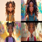 **a medium shot of a realistic illustrated happy 7-year-old African American female student from America, they have a well-defined nose and a well-defined jawline, they have brown eyes and long dreadlocks, they stand with their head and neck and shoulders completely square to the camera and facing forward, their entire body is facing forward, they wear a backpack, they have large headphones on their head, they stand in front of a white wall with bright graffiti art spray painted on it, it is daytime, the sun is shining bright, high-definition, anime-style, --ar 16:9 --niji 6** - <@1065025086664474674> (relaxed)