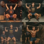 **a photo of an asian man in his thirties doing an overhead squat wearing a black shirt with butterfly dream motif and blue shorts at the gym. he is wearing glasses, and there are some boxes on the ground, weight plates around him, and another person next to him observing how he performs the exercise. the setting is a dark room with a concrete floor and a barbell in the background. he looks focused while lifting heavy weights overhead. the image captures a moment during a crossfit training session. --p 9ss3njw pu1nj44** - <@538878031226470440> (relaxed)