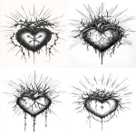**a horror art version A simple ink illustration depicting a sacred heart with a crown of thorns and two nails piercing through it. The heart is surrounded by sun rays behind the head and barbed wire, all rendered in simple black lines on a white background. --ar 73:113** - <@266536820160987136> (fast)