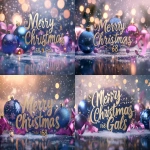 **"Merry Christmas ‘68 Gals" message in elegant gold and royal blue calligraphy, surrounded by glowing blue ornaments, violet ribbons, and pink fairy lights, soft snow falling, warm pink candlelight reflection on frosty glass background. Created Using: Canon EOS R5, festive typography, cinematic holiday lighting, bokeh background, reflective surfaces, lens flare, color harmony design, 4K render quality, hd quality, natural look --ar 4:3 --v 6.1** - Variations (Strong) by <@1327691479602298971> (fast, stealth)