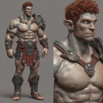 **Character design sheet. Realistic 3d rendering. Character design sheet of a ruggedly handsome, Hyper muscular handsome half orc, bodybuilder, bright silver eyes, short curly red Mohawk, short pointed ears, defined muscles, Huge leg muscles, huge pectoral muscles, big arm muscles, vascular hyper muscular, wide Grecian nose, strong square jaw, defined cheek bones, masculine features, freckles, Bodybuilder, short pointed ears, wearing Roman gladiator armor. --v 7.0** - Image #4 <@1222981214734913607>