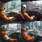 **A pilot in an orange and white spacesuit sits inside the cockpit of their spaceship. They are looking out at other ships docked behind them. Outside, we see a sci-fi cityscape, a digital painting of a futuristic concept art scene. --ar 51:64** - <@264129597782753313> (fast)