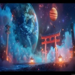**A sacred Shinto shrine designed as "EmiEmi Shrine", standing on a cosmic path of starlight, with a grand red torii gate glowing before Earth in the background. Around the Earth, other majestic planets like Saturn with glowing rings and Jupiter with colorful storms float in the cosmos, enhancing the divine scale. Visitors feel as if they are arriving for an online shrine worship. The shrine radiates divine golden light, mystical energy flows, ethereal mist drifts around, with sacred lanterns and floating words of light (kotodama). A harmonious blend of Japanese tradition and cosmic fantasy, cinematic, ultra-detailed, photorealistic yet dreamlike, barnacle --ar 16:9 --v 6.0** - Image #1 <@1027927772519211120>
