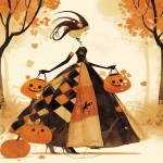 **an art print of a woman with trick-or-treating bags in a halloween dress, in the style of mahogany vignettes of paris, mono-ha, doug hyde, glamorous, pictorial fabrics, midjourney swag, don northup, soft autumn color palette --ar 4:5 --niji 6** - Image #2 <@1007106543935823902>