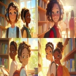 **a medium shot of two realistic illustrated happy 8-year-old students from America, they have a well-defined noses and well-defined jawlines, the first student is an African American female with light brown eyes and very short black hair, the second student is a dark African American female with light brown eyes and curly black hair, they stand with their head and neck and shoulders completely square to the camera and facing forward, their entire body is facing forward, they wear backpacks, they have large headphones on their head, they stand in a library, it is daytime, the sun is shining bright, high-definition, anime-style, --ar 16:9 --niji 6** - <@1065025086664474674> (relaxed)