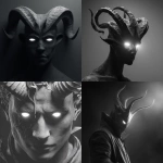**Design a greyscale hyperrealism, shadow figure with glowing white eyes and horns --v 7.0** - <@1116424656908464158> (fast)