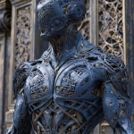 **full body ripped robotic masculine man / with exoskeleton made of forged aluminum / anodized in a stunning finish of elegant deep blue / electrifying / great and terrible beauty / background depicts ornate complex lattice patterns of beauty and wonder / full length view --no borders, frames, grids, split screens, tiles, women, girls, females** - Image #2 <@1080572898269466724>