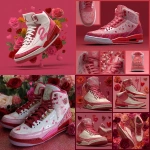 **custom designed air jordan 2 designed in a red and pink love theme. picture resolution should be hyper realistic. Show different angles of the shoe. The background should contrast with Valentine’s Day, decorations, hearts, and roses. --v 7.0** - <@917332670239895563> (fast)