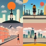 **The style is a 2D flat cartoon style. A girl with a 45-degree low angle and a two-point perspective is looking up at a futuristic city intersection on a sunny day. Above the girl, numerous black drones move from the back to the front. --v 3** - <@1391623149094965368> (relaxed)