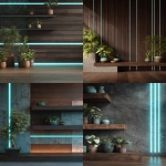 **ultra realistic background design with dark brown wood and stone materials like it's modern flat house room wall with flat surfaces and shelf edges. There are some house plants. There are turquoise gorizontal and vertical neon stripe lines on the photo providing soft lighting. 4k quality --ar 3:4 --v 7.0** - <@666660616144027648> (fast)