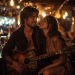 **a young singer 26 years old, with a 12-string acoustic guitar, sitting on a bar stool and sings. His wife dancing to his music, Dark background but lights on the singer and his wife. Artistic photo. --v 6.0 --s 750** - Image #4 <@1070073886739284080>