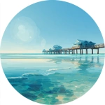 **A bright, circular image, stylized Clearwater Beach including pier 60, Florida in full daylight, featuring the beaches in a minimalist, flat color style. Clean lines, bold colors, and glowing reflections create a vibrant, blue, cartoon-like atmosphere. The scene is bathed in bright midday sunlight, ensuring a pure daytime look. realistic** - Image #2 <@916477666708848640>