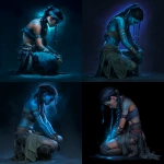 **a blue-skinned female pirate with black hair in braids, wearing spider tattoos and an empty fabric skirt, kneeling on the ground holding her knees, dark fantasy, concept art, digital painting, full body, dark background, blue glow around the head, blue skin color.** - <@450898678975168513> (fast)