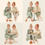 **Vector. Realistic style. Two adult girls sitting at a round table with a cup of tea and a plate of apples, the first with light blond hair tied in a low bun, in a mint dress and orange shoes, holding a hot cup of tea, the second with loose reddish hair, in a light sweater and pants; semi-realistic faces they smile, an atmosphere of lightness, sincerity and friendly warmth without background --s 150 --q 4 --sref <https://s.mj.run/5ndvjkOsR6o>** - Variations (Strong) by <@1391726384128200735> (fast)