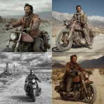 **fallout Walton Goggins the Ghoul riding a motorcycle on a ruined road in the Mojave Wasteland.** - <@607670360539660330> (fast)