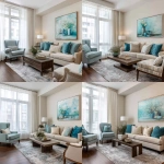 **interior design of a model unit showing the living area in french country style. walnut wood floor. light brown 3-seater sofa. teal, light blue and beige throw pillows. french provincial lounge chairs. sheer white curtains. artwork with teal still life painting, modern gray area rug** - Variations (Strong) by <@1231814052913877045> (fast)
-# Create, explore, and organize on [midjourney.com](<https://midjourney.com/imagine?from_discord=1>)