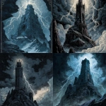 **tarot card art A foreboding gothic tower stands tall on a jagged cliff under a stormy, tempestuous sky. Dark stone walls are etched with glowing runes and arcane symbols emitting faint, eerie light. Jagged lightning bolts crack the sky, casting stark shadows and piercing beams of pale illumination. The tower’s silhouette is sharp and imposing, surrounded by swirling dark clouds and mist. The atmosphere is heavy and mysterious, with a sense of doom balanced by the faint hope of insight and prophecy breaking through the darkness. Rich blacks, deep blues, and cold grays dominate the color palette.** - <@189255832385486848> (fast)