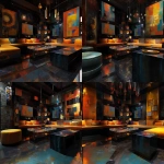 **Surrealism 1980s abstract luxury music lounge, black gold brown colors rich colors, luxury, hd quality , vinyl showing, low lighting, 1 conversation pit, tall abstract speakers, vinyl records , bar lounge included , high quality, clear record shaped table --v 7.0** - Zoom Out by <@951239260281913364> (fast)