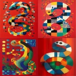 **<https://s.mj.run/GUH24o4KgDA> Op art design, a smart lunar snake, uses the complex arrangement, contrast, interlacing and overlapping of colorful geometric shapes to create a commotion of various shapes and colors of the snake's head, body and snakes. The picture is abstract and simple, with a red background. --chaos 35 --ar 2:3 --profile qsfegxt --stylize 50 --weird 350 --v 6.1** - <@1101359065323544597> (fast)