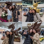 **two beautiful japanese women, holding phones in their hands and taking selfies at the airport gate with an anthropomorphic bronze qilin statue made of chocolate behind them. the two women were smiling happily while posing for photos with a large "qilin" on top of each other. a panoramic shot was taken from above. it is a high-definition photo that has been captured with a canon eos r5 camera and an f/2 lens. there are some white camellias blooming next to the statue. --ar 105:128 --v 7.0 --p uhaa3kn** - <@1259439584010309703> (fast, stealth)