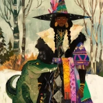 **Warrior witch thundersnowpunk with long braids and stylized warrior witch’s hat and alligator companion in the snow --sref 1999999999 1999999991 416557976 2252558232 698008135 1078492728 2187294478 217414415 416417418 7337 80085 696969 47 73 97 100 --sv 4 --niji 6 --p grjlt42 --raw** - Image #2 <@948741381743083580>