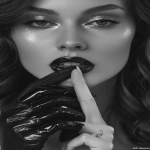 **ultra detailed 8k cinematic black and white beauty portrait of a young woman from chest up, vertical frame, face, hands and hair filling the composition, smooth neutral grey studio background with soft dark vignette on the edges, center of the frame is her eye, lips and finger in a "shh" gesture oval symmetrical face with soft but well defined features, ultra smooth flawless skin, no pores, no wrinkles, perfect beauty retouch, straight elegant nose with soft highlight along the bridge and gentle shadow under the tip full sensuous lips with a sharp cupid’s bow, slightly parted, a thin bright glossy highlight strip on the lower lip emphasizing volume, subtle light reflection on the lip gloss one eye visible through a gap between fingers, other eye mostly hidden by the upper hand, long thick eyelashes like fake lashes, small bright catchlight in the pupil, upper eyelid with smoky eye makeup, darker tone along lash line fading smoothly towards the brow, dark thick well shaped eyebrows, gently arched, not overdramatic dark wavy hair, big glossy waves falling down, one clear S-shaped wave on the right side of the frame, soft highlights along the strands to show texture, hair swept away from the cheeks so the face is not covered both hands in thin semi-transparent black gloves up to the forearm, upper hand placed horizontally across the upper face, back of the hand towards camera, fingers slightly spread so that one finger is above the brows and another lower finger creates a narrow gap that reveals the eye, fingertips long and tapered, sharp stiletto-like nails visible under the sheer fabric, subtle darker seams along the fingers and glove edges lower hand bent so that the index finger is vertical and gently touching the center of the lips in a classic "shhh" pose, [...]** - Image #2 <@1264899319799222315>